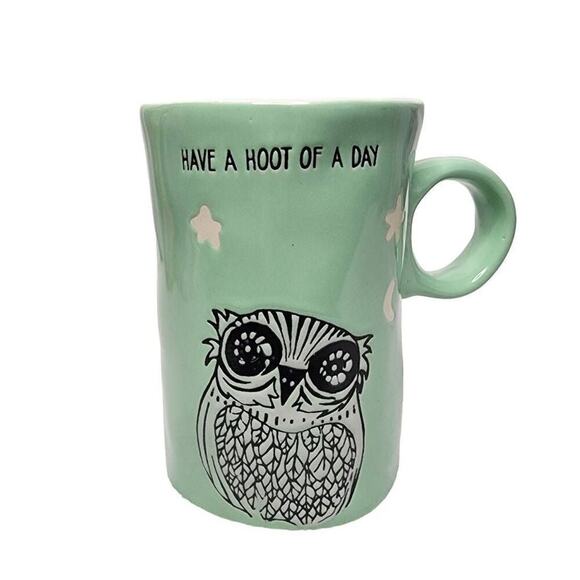 Artisan Coffee Mugs, Mint Green "Have a Hoot of a Day" Ceramic Owl Drinking Cup - Picture 1 of 7